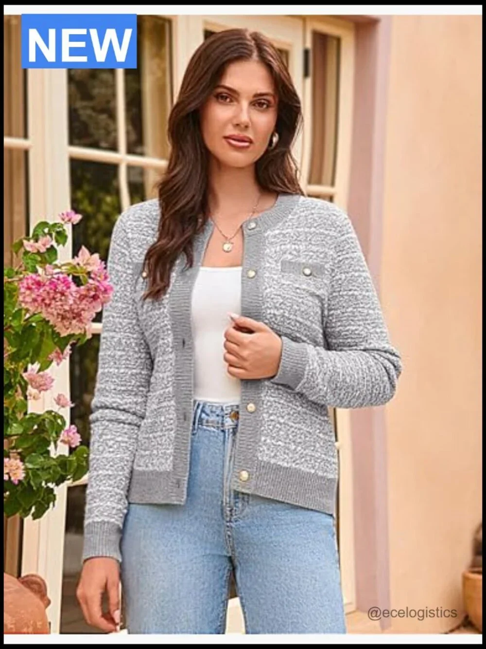 Open Front Button Down Long Sleeve Texture Knit Cardigan with Pockets